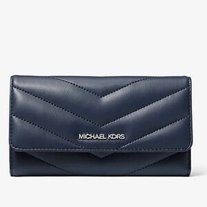 NWT Michael Kors Jet Set Travel Large Quilted Tri-Fold Wallet in Navy Blue